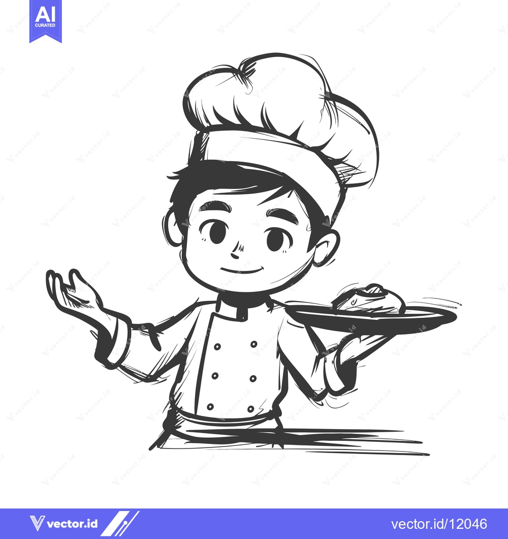 Premium Vector dari A Cartoon Chef Holding a Plate of Food with His Right Hand Extended Ou