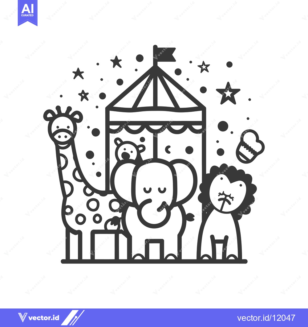 Premium Vector dari A Cartoon Circus Tent with a Giraffe, Elephant, and Lion