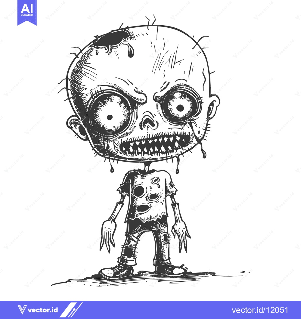Premium Vector of A cartoon depiction of a zombie with torn clothes, a gaping maw, and l
