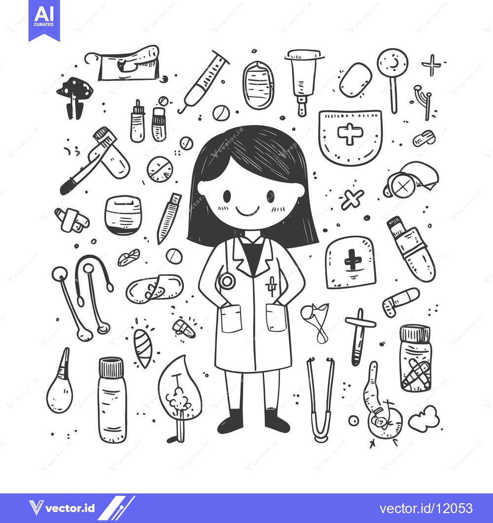 Premium Vector dari A Cartoon Doctor Surrounded by Medical Supplies and Equipment