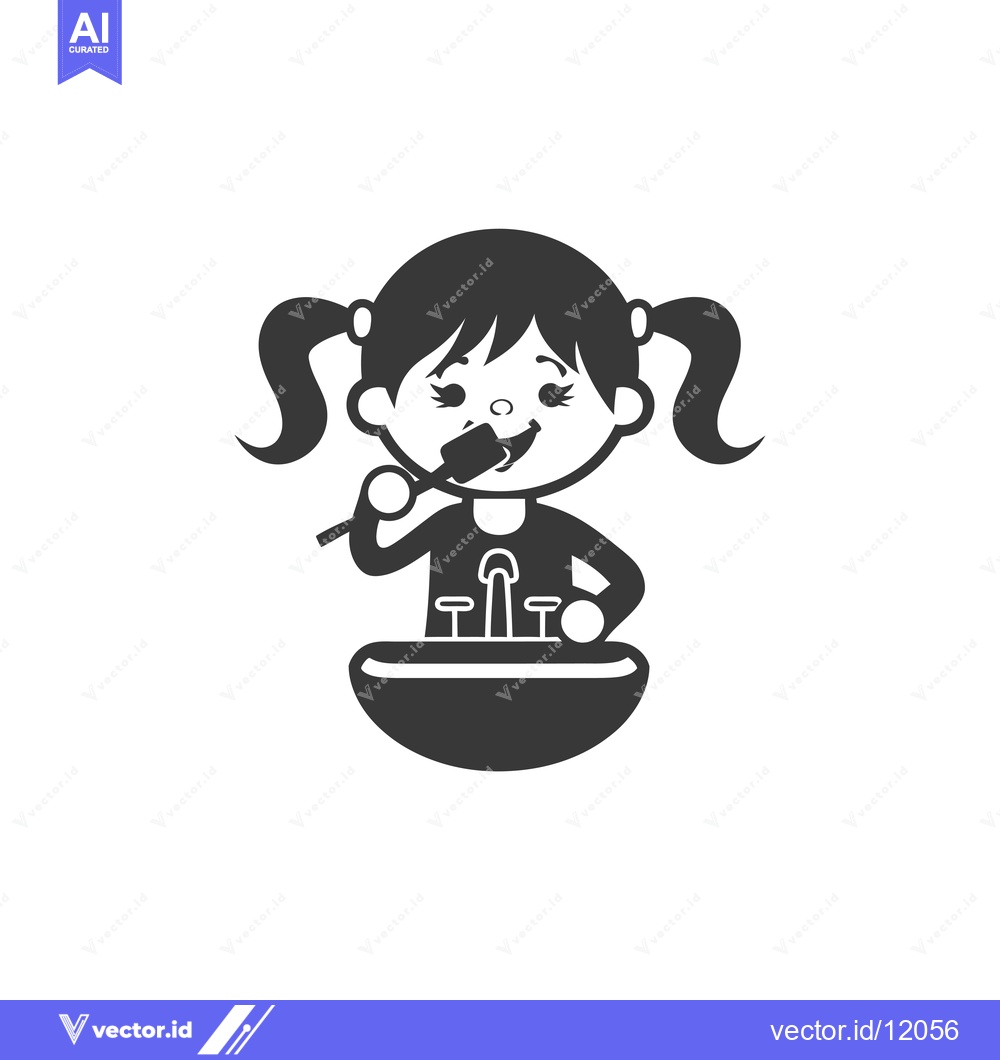 Premium Vector dari A cartoon girl brushing her teeth in a bathroom sink