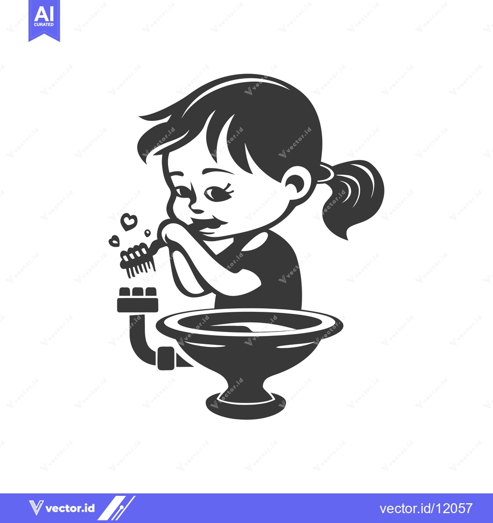 Premium Vector of A cartoon girl brushing her teeth in a sink