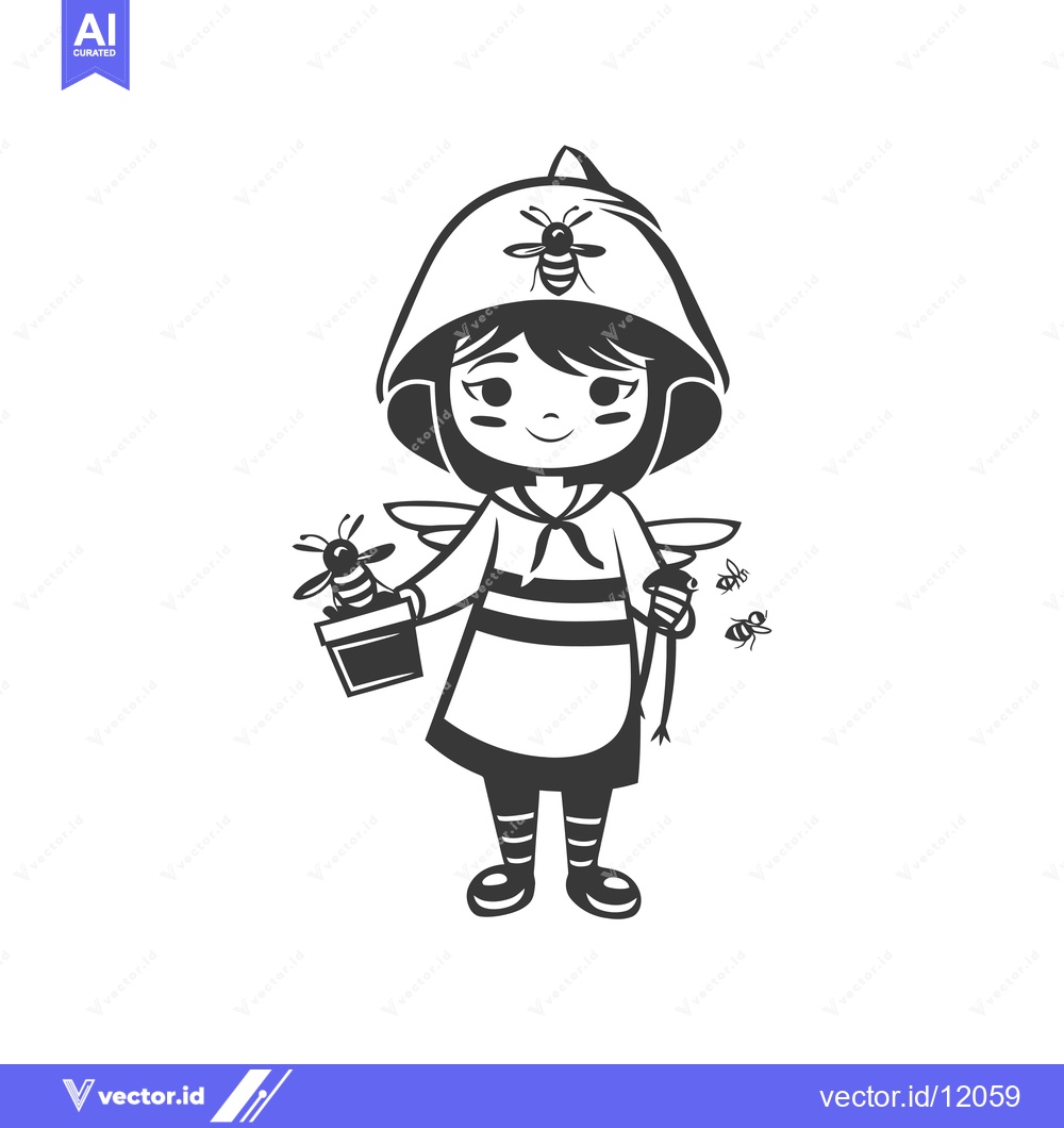 Premium Vector of A Cartoon Girl Dressed as a Bee Holding a Potted Bee
