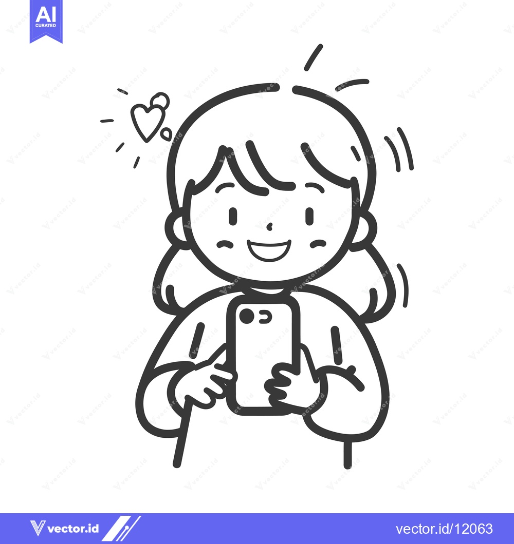 Premium Vector of A cartoon girl holding a smartphone, smiling with a heart above her he