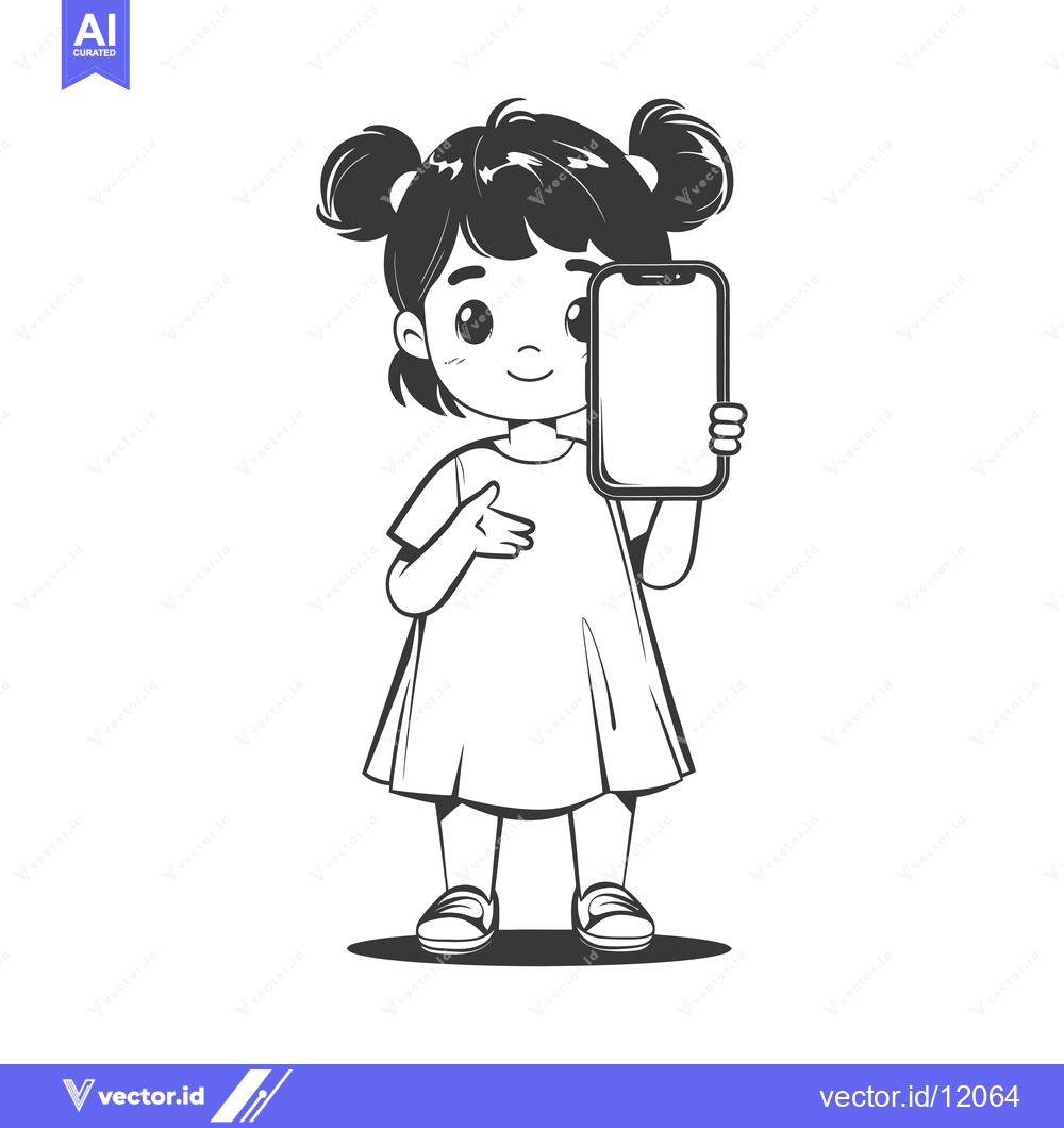 Premium Vector of A Cartoon Girl Holding Up A Smartphone With A Blank Screen
