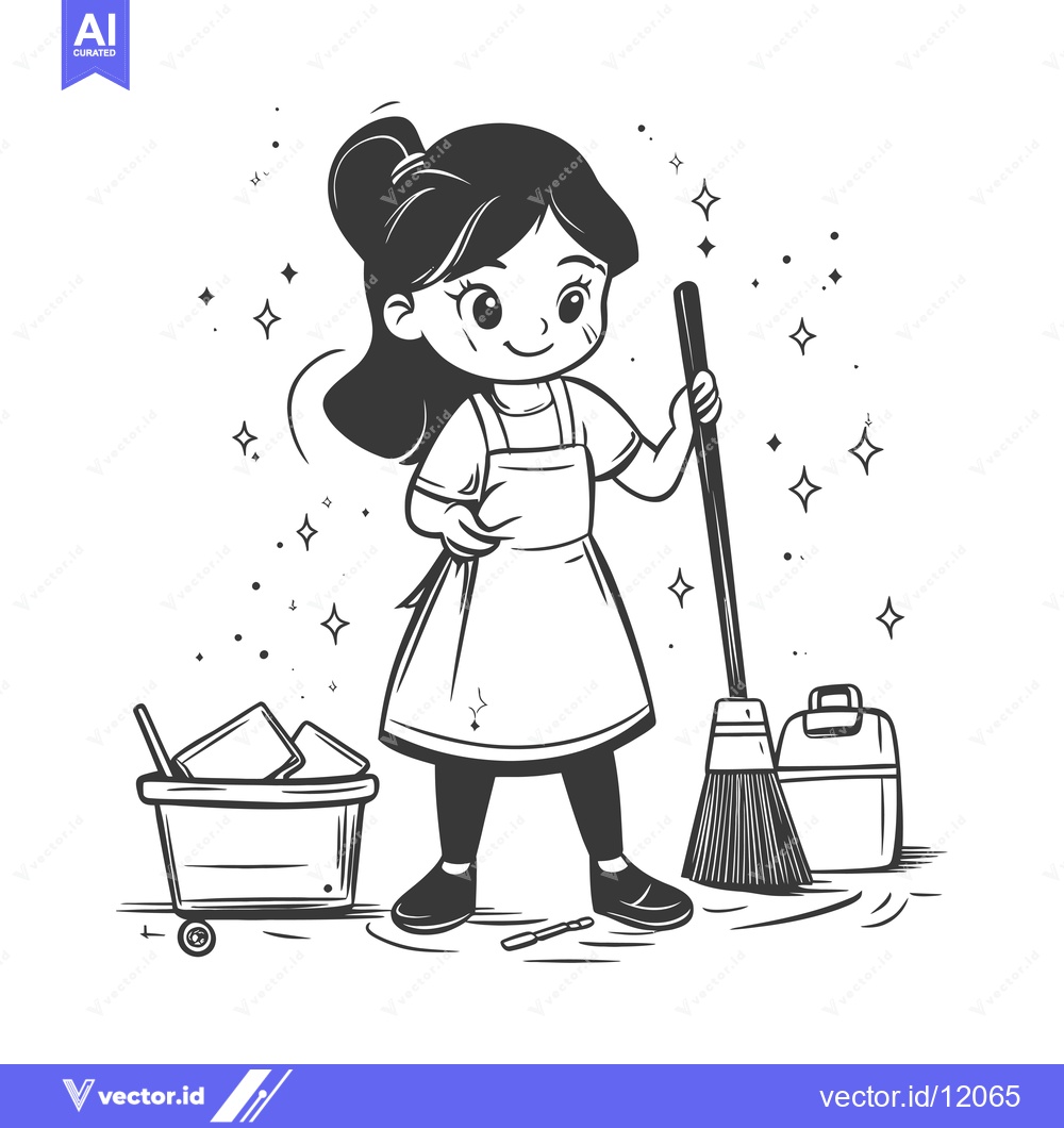 Premium Vector of A Cartoon Girl in an Apron Holding a Broom with a Bucket of Cleaning S