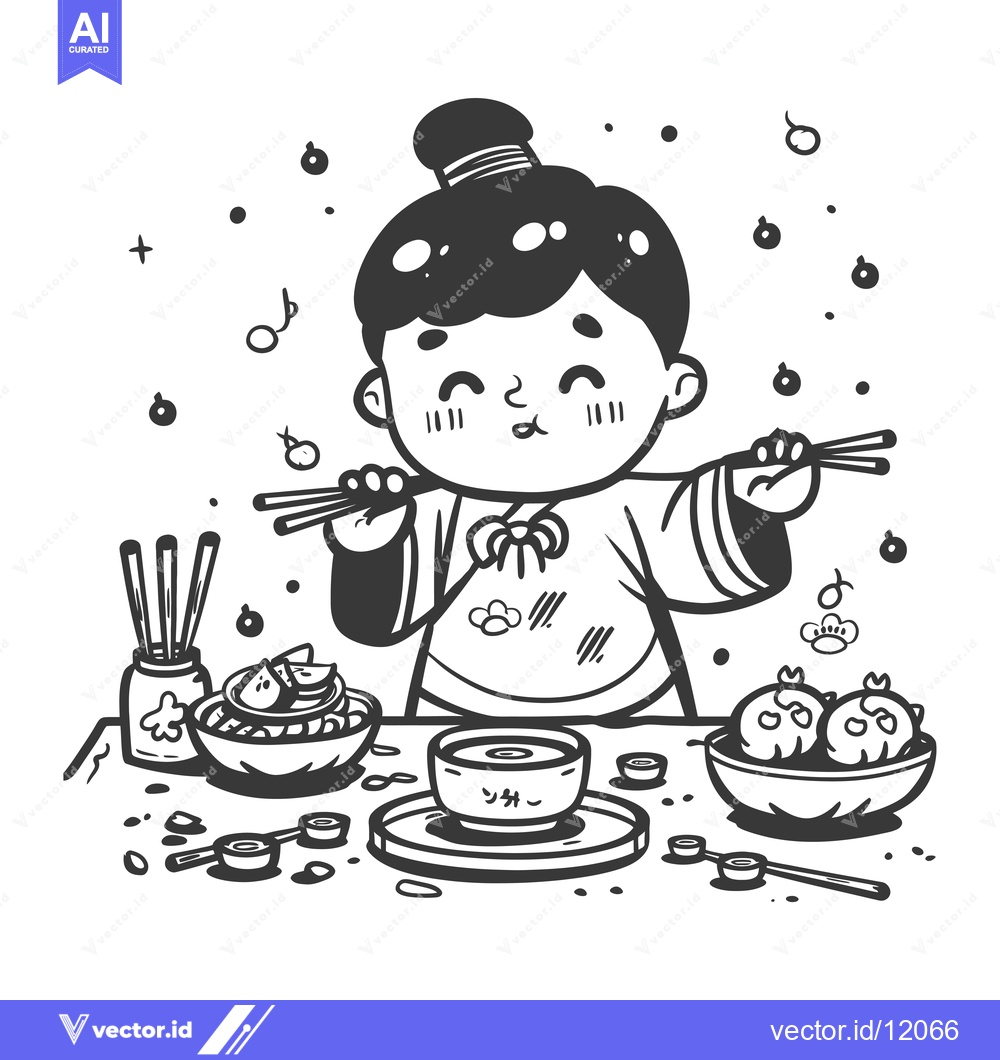 Premium Vector of A Cartoon Girl in Traditional Clothes Eating with Chopsticks