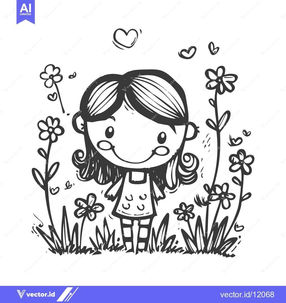 Premium Vector of A Cartoon Girl Smiling Surrounded by Flowers and Hearts