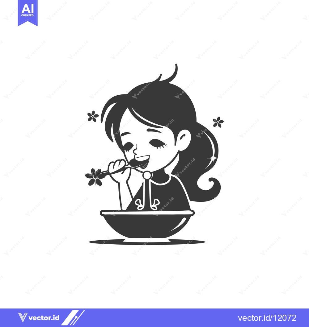 Premium Vector of A Cartoon Girl with a Spoon Eating from a Bowl