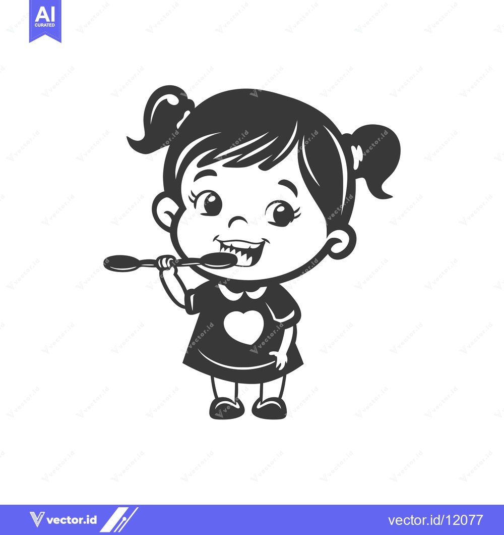 Premium Vector of A Cartoon Illustration of a Girl Brushing Her Teeth