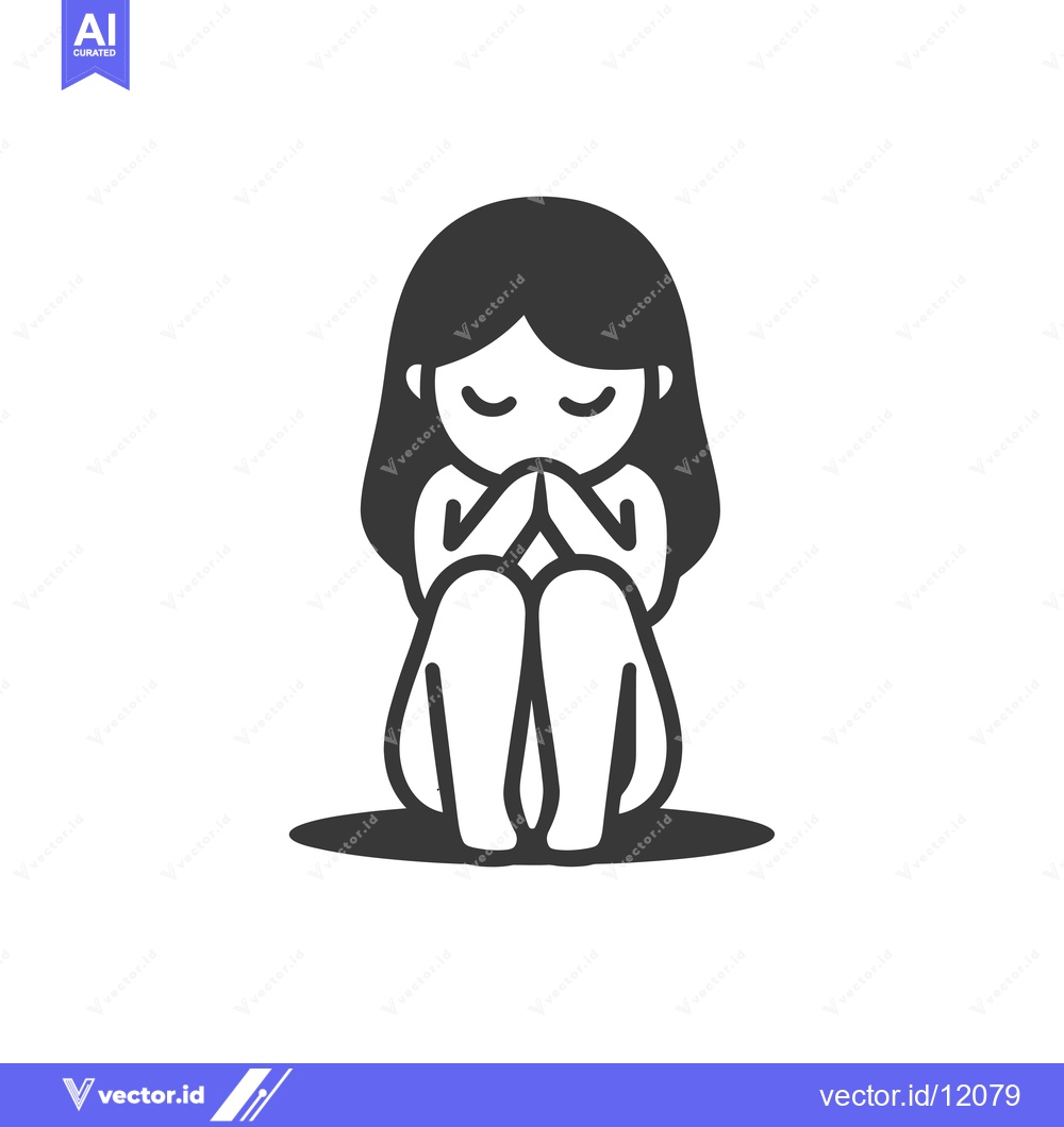 Premium Vector of A Cartoon Illustration of a Girl with Her Hands Together, Sitting with