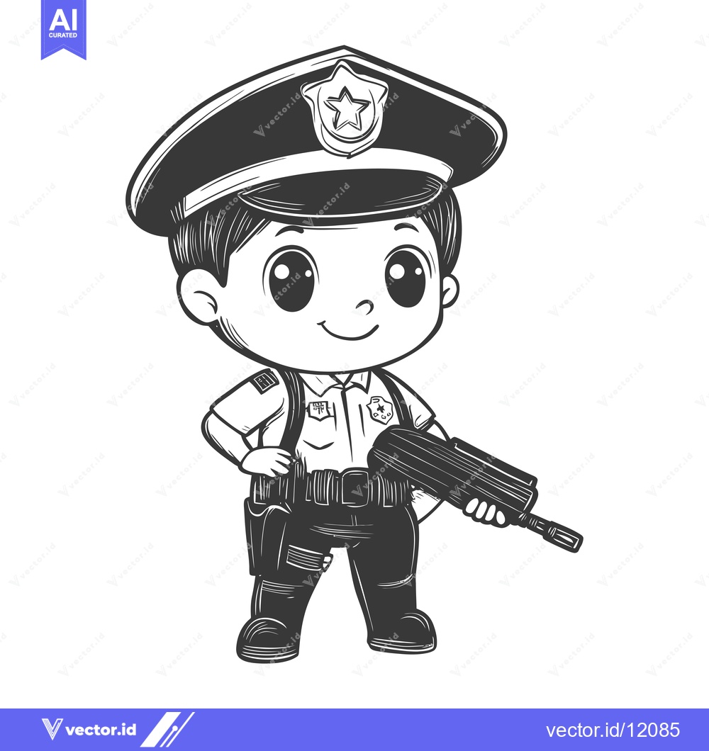 Premium Vector of A Cartoon Illustration of a Police Officer Holding a Gun