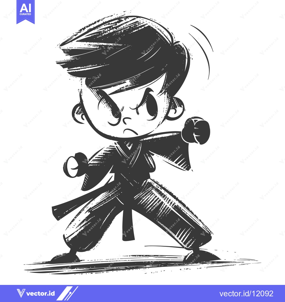 Premium Vector dari A cartoon illustration of a young boy practicing martial arts.