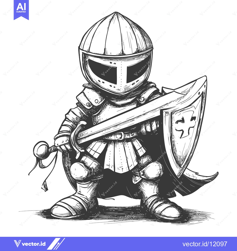 Premium Vector of A Cartoon Knight Standing in Full Armor, Holding a Sword and Shield