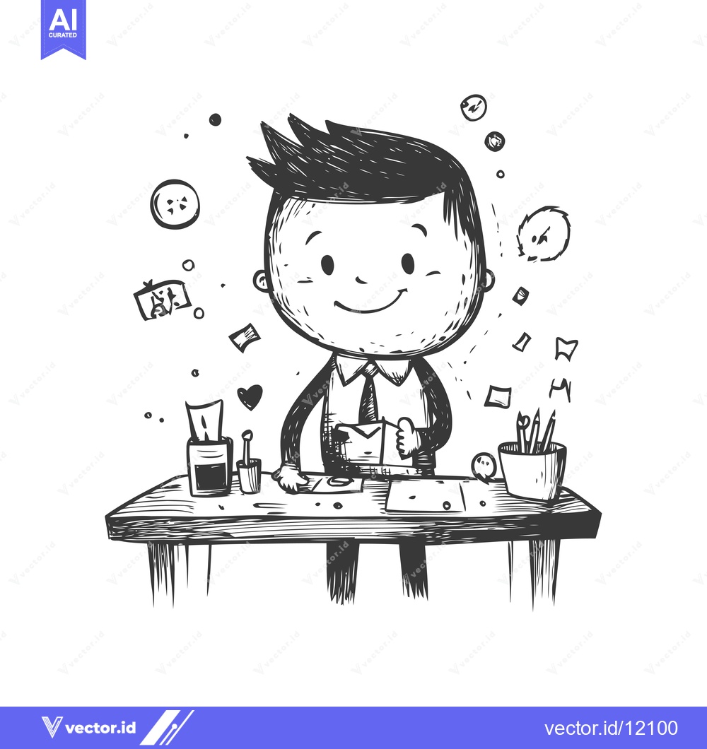 Premium Vector of A cartoon man smiling at a desk with various office supplies