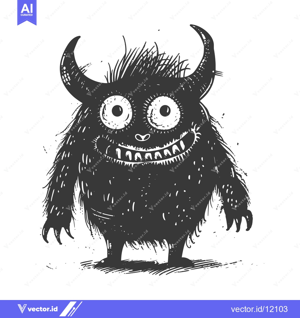 Premium Vector of A Cartoon Monster with Horns, Fur, and a Big Grin