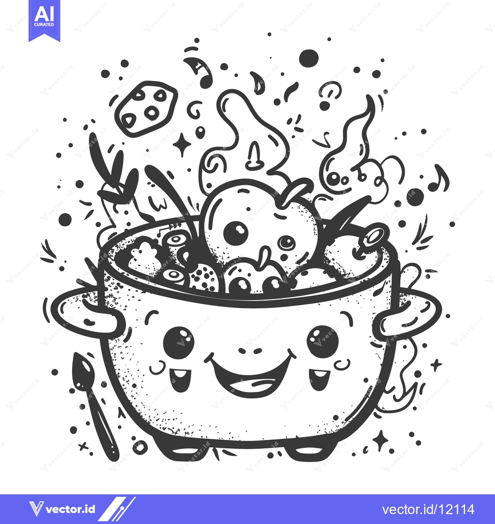Premium Vector dari A Cartoon Pot Filled with Ingredients, Smiling and Steaming