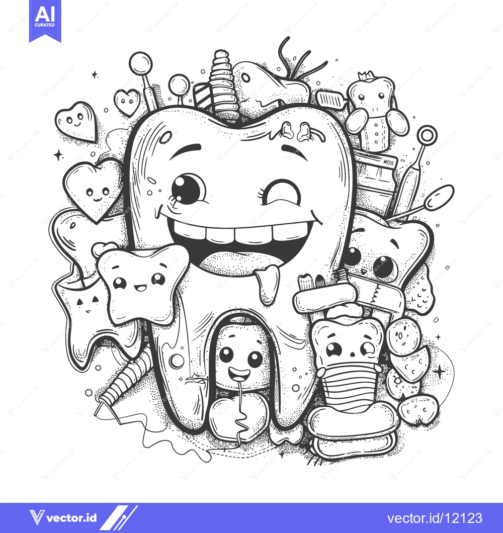 Premium Vector of A Cartoon Tooth Surrounded by Dental Care Items and Hearts