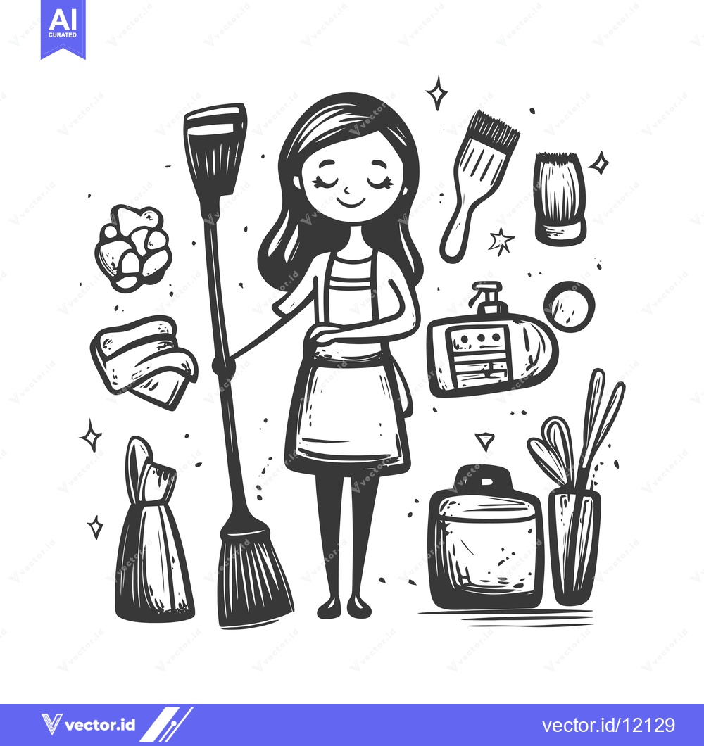 Premium Vector dari A Cartoon Woman Holding a Broom With Various Cleaning Supplies