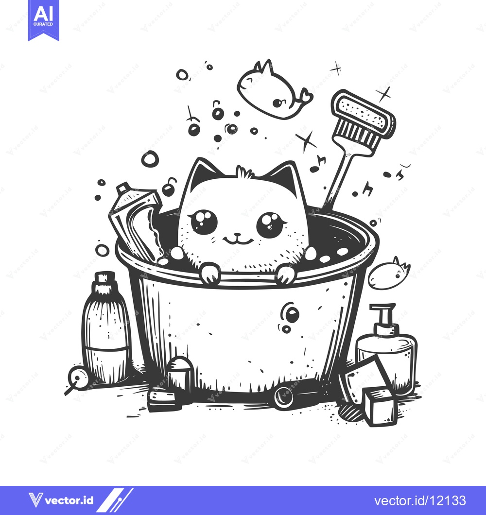 Premium Vector of A Cat Bathing in a Bucket with Soap and a Brush