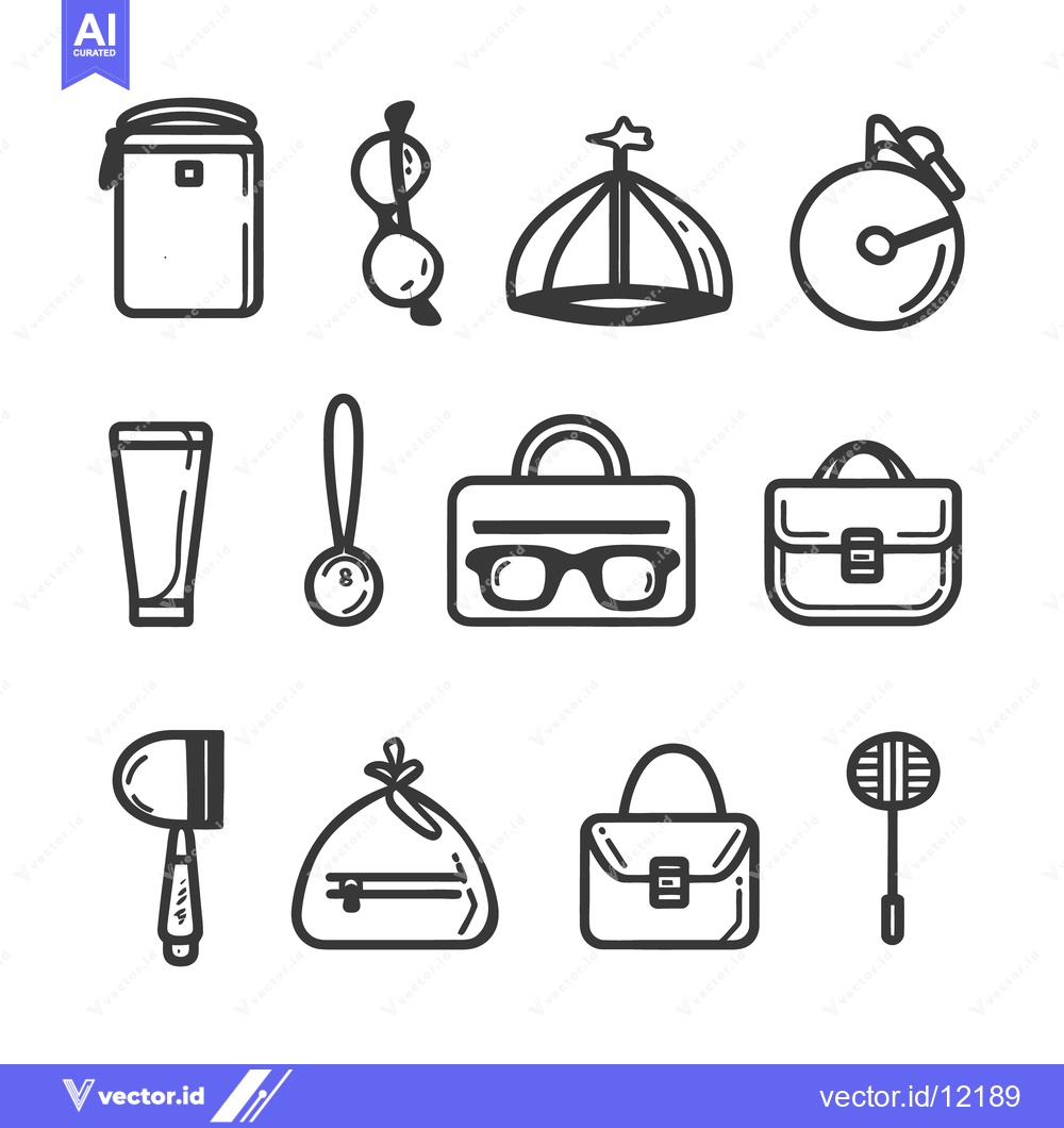 Premium Vector dari Outlined graphic icons depicting everyday objects and accessories in b