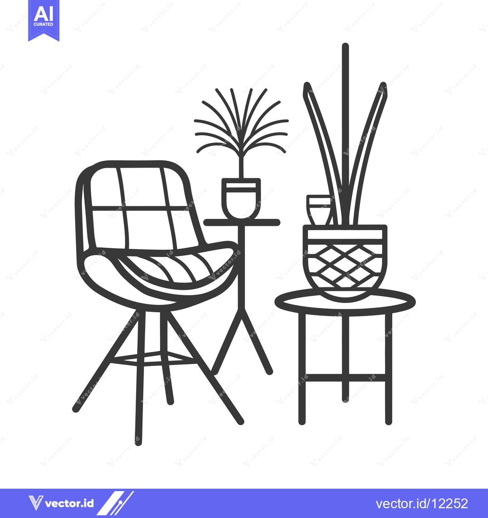 Premium Vector dari A Chair, Two Plants, and Two Tables in a Minimalist Style