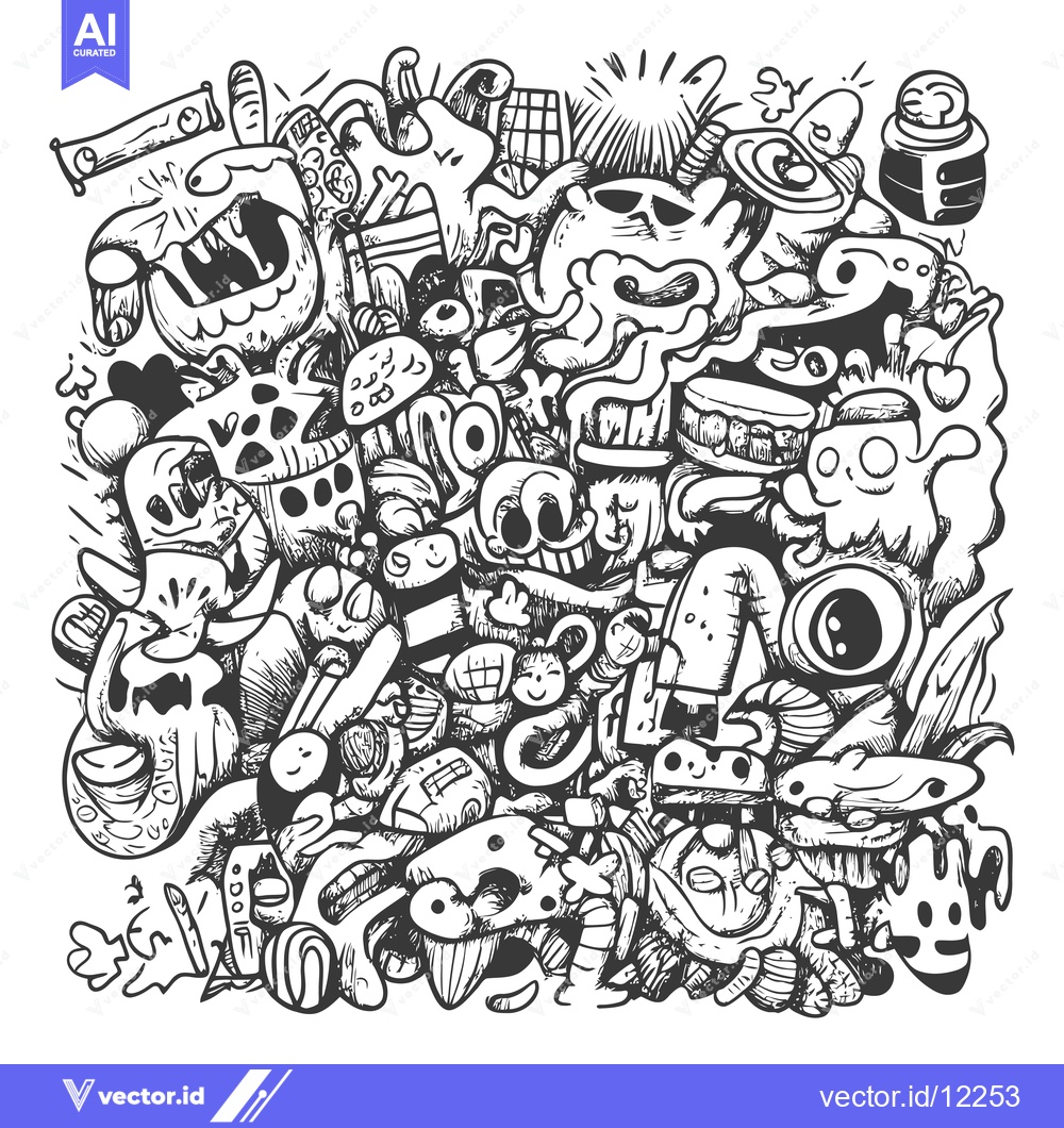 Premium Vector dari A chaotic and colorful collection of whimsical creatures and abstract