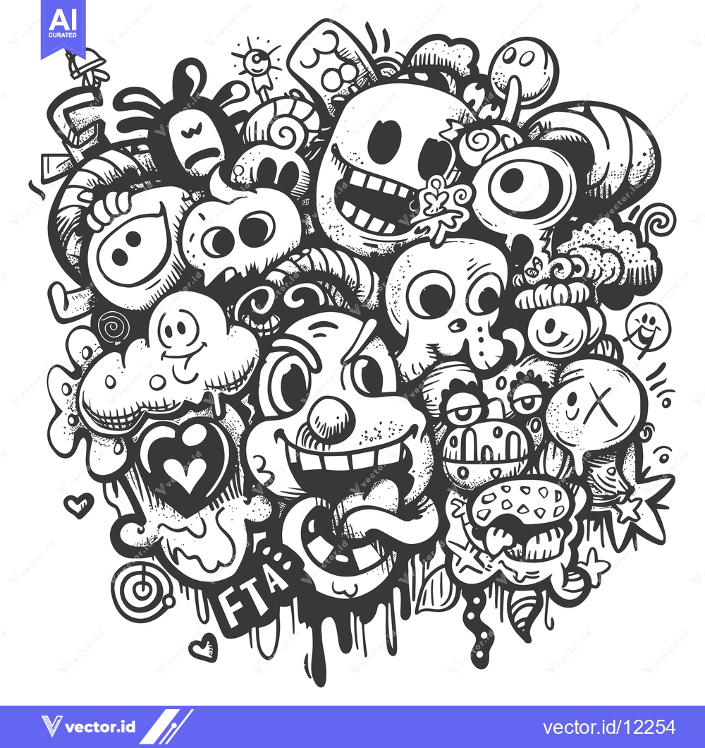 Premium Vector dari A chaotic and whimsical doodle of cartoon creatures and symbols.