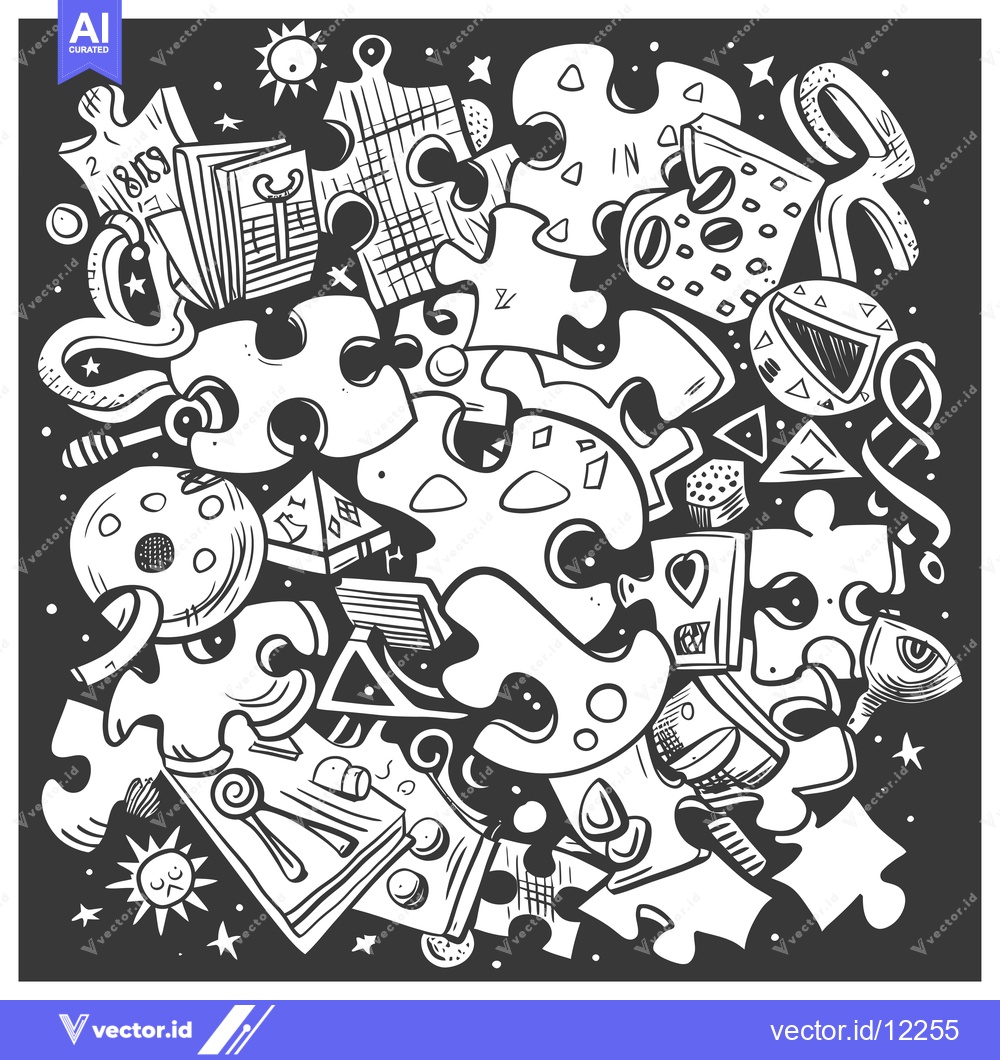 Premium Vector dari A chaotic arrangement of puzzle pieces, geometric shapes, and celestia