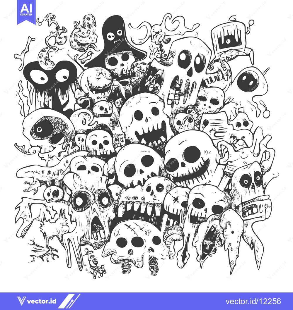 Premium Vector dari A chaotic arrangement of various skulls and spooky characters