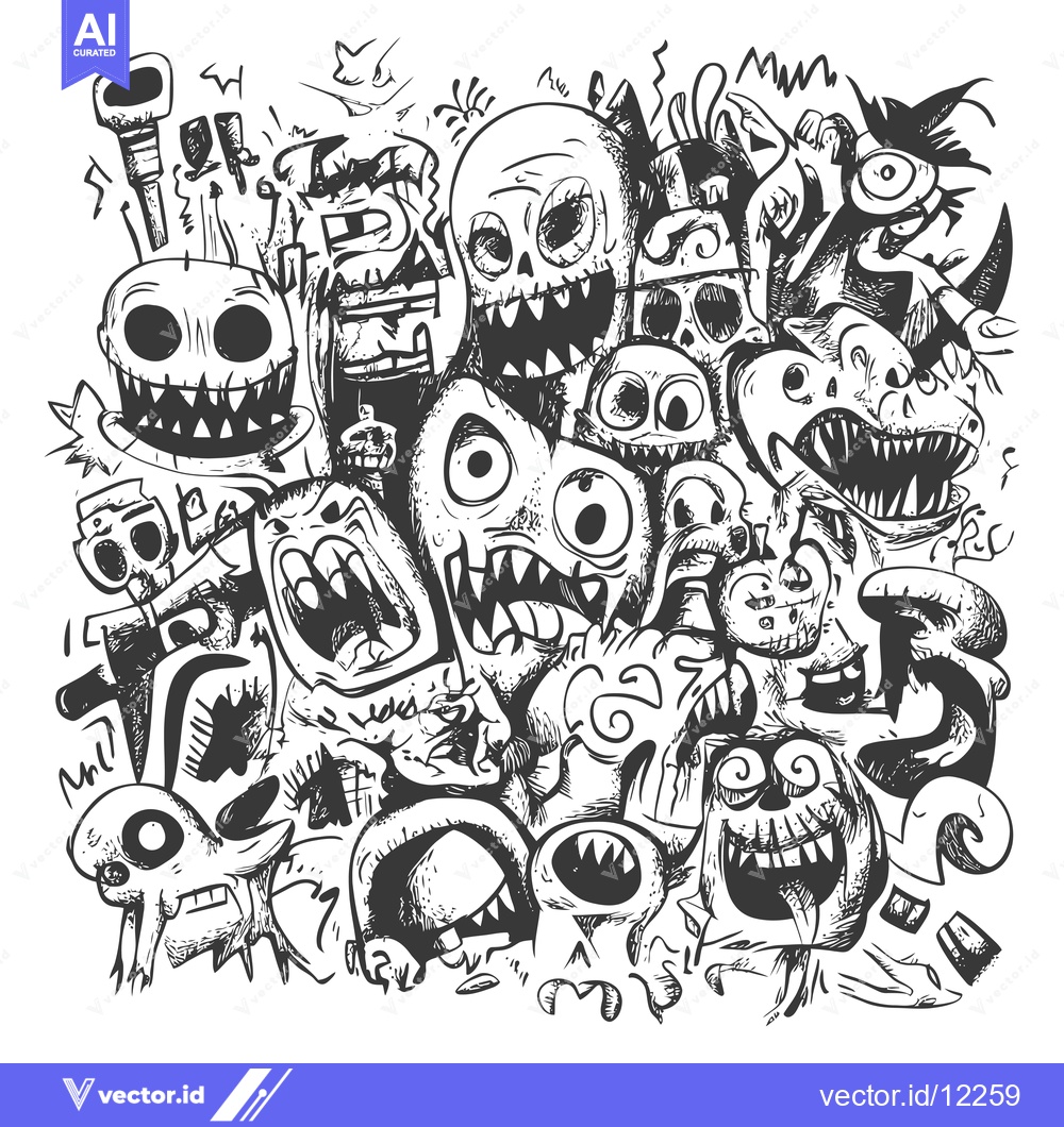 Premium Vector dari A chaotic group of cartoon monsters with various expressions and featu