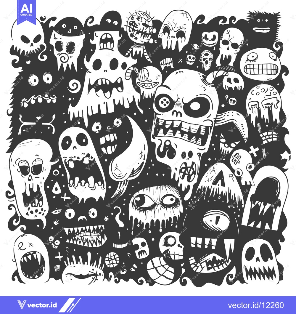Premium Vector dari A chaotic pattern of hand-drawn spooky faces and skulls