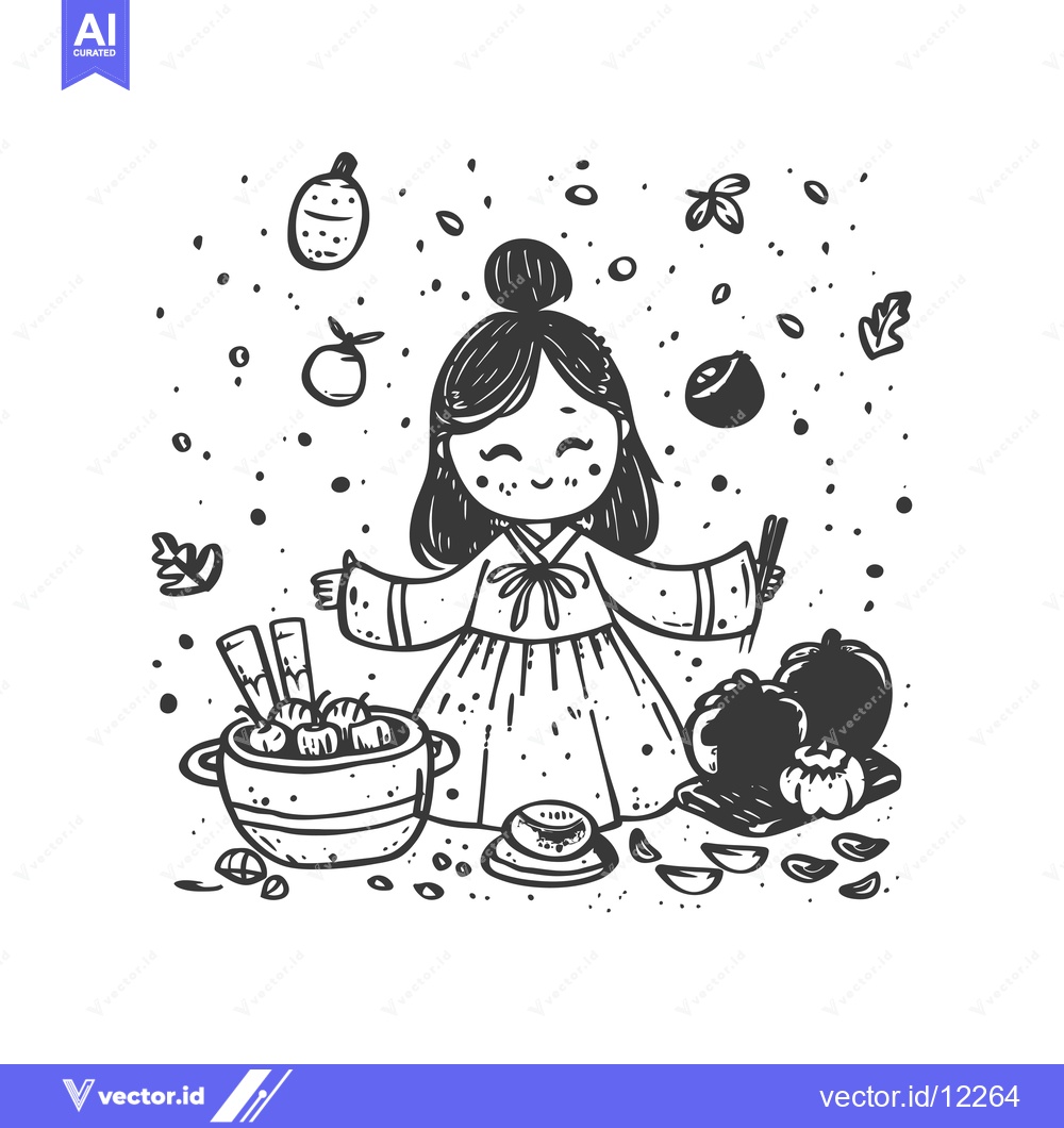 Premium Vector dari A cheerful girl in a traditional Korean hanbok cooking a pot of food w
