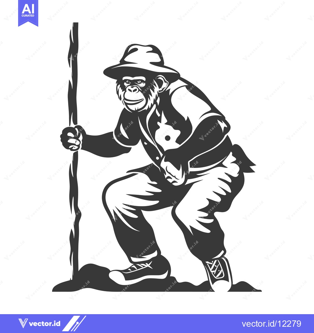 Premium Vector dari A Chimpanzee in a Hat with a Walking Stick