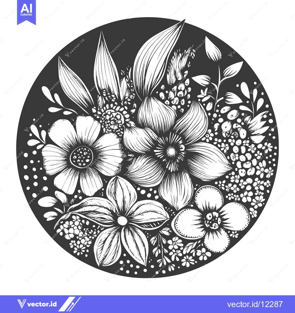Premium Vector dari A Circular Arrangement of Hand-Drawn Flowers and Leaves