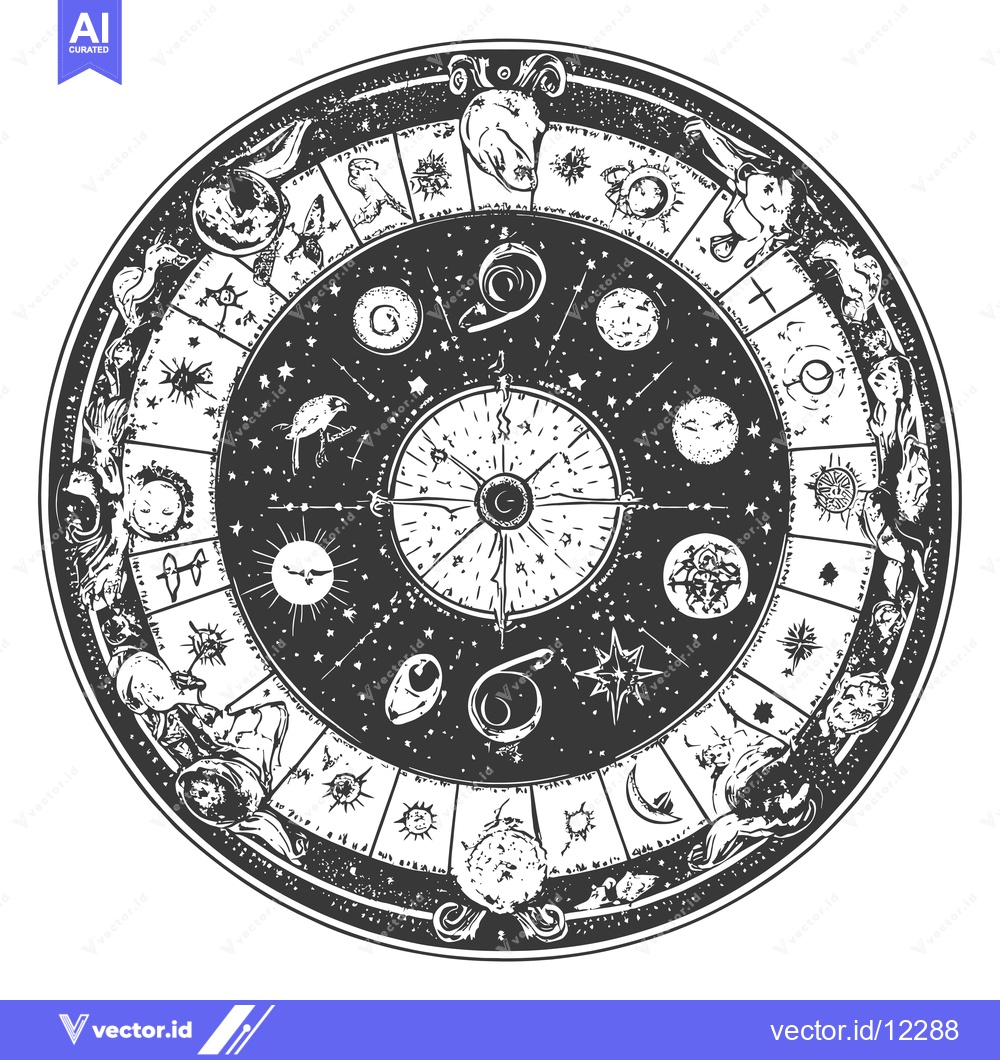 Premium Vector of A Circular Astrological Chart with Zodiac Signs and Celestial Bodies