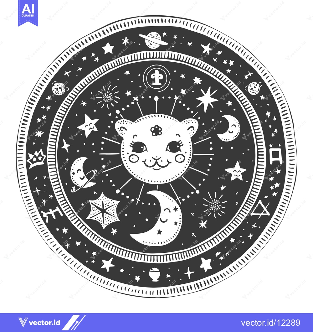 Premium Vector dari A Circular Celestial Design Featuring a Cat-Like Sun and Celestial Ele