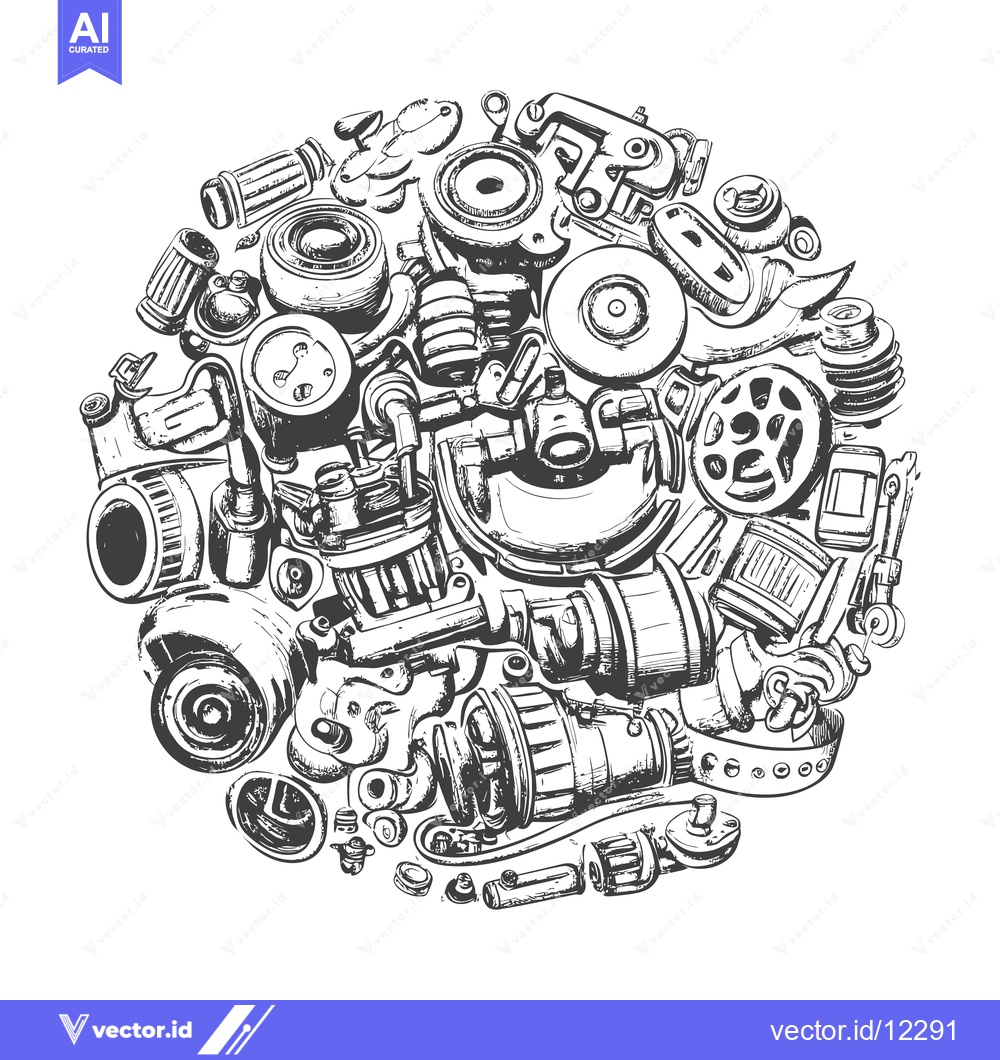 Premium Vector dari A Circular Composition of Hand-Drawn Automotive Parts