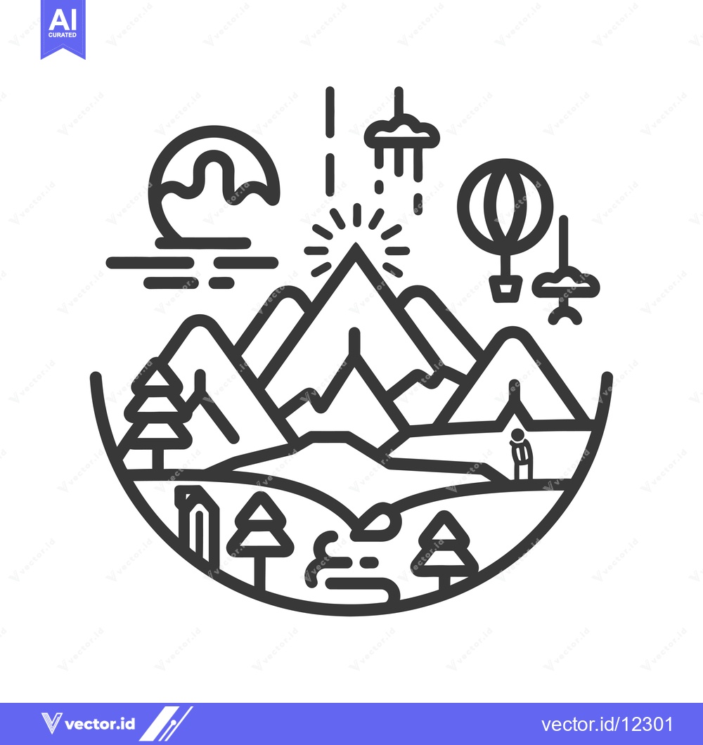 Premium Vector of A Circular Mountain Landscape with a Hot Air Balloon, Clouds, and a Pe
