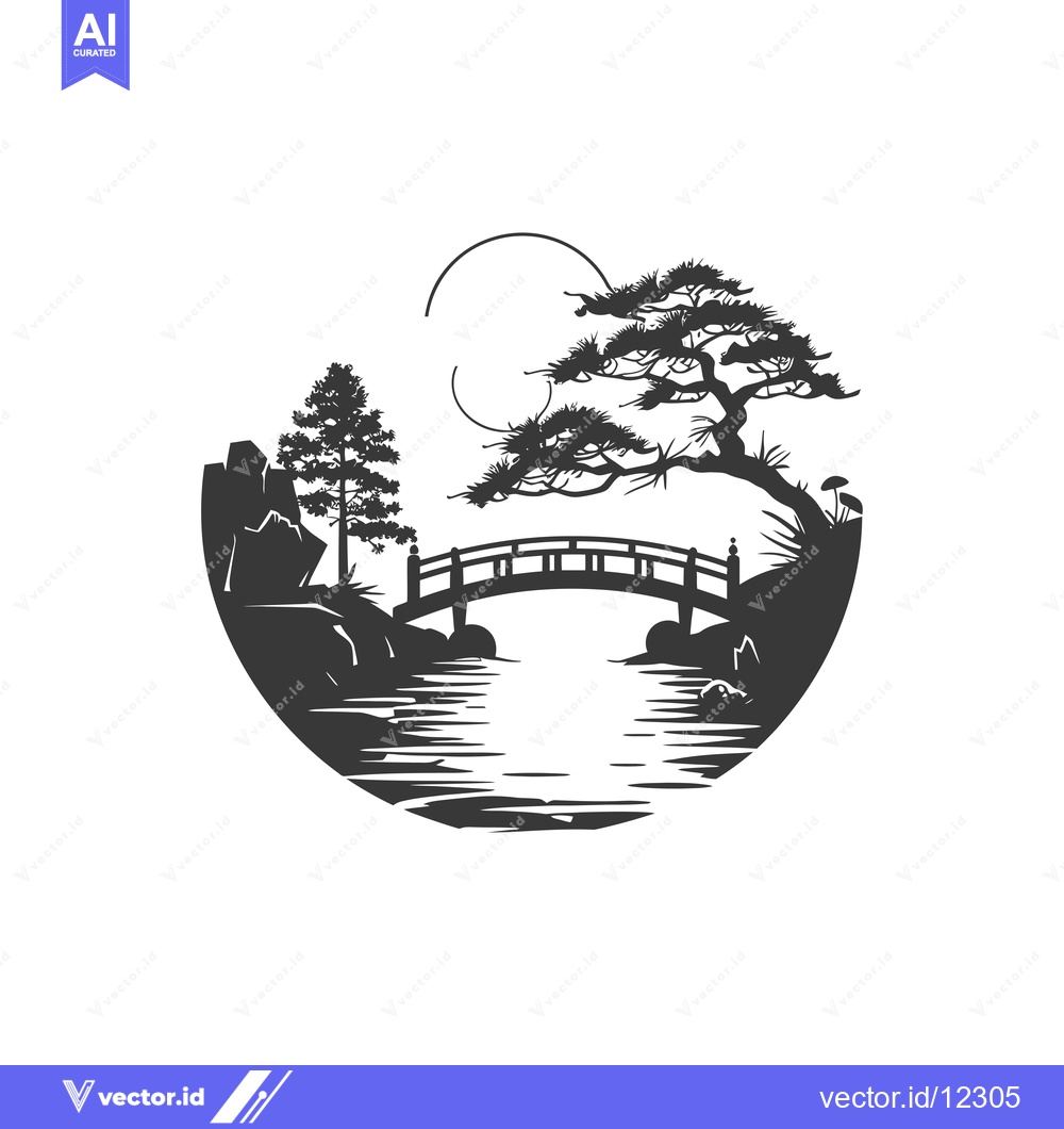 Premium Vector dari A Circular Silhouette of a Japanese Garden With a Bridge