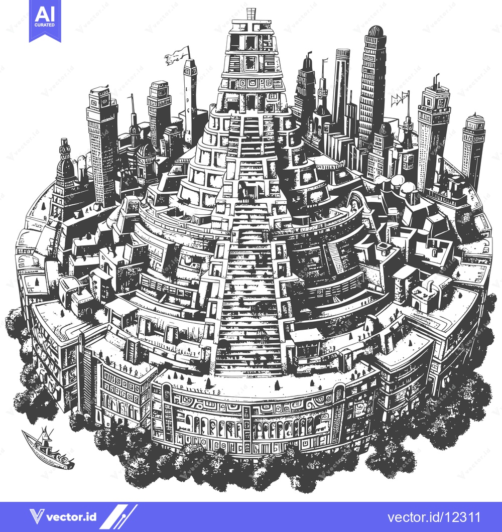 Premium Vector dari A City Built on a Giant Pyramid, with a Boat Below