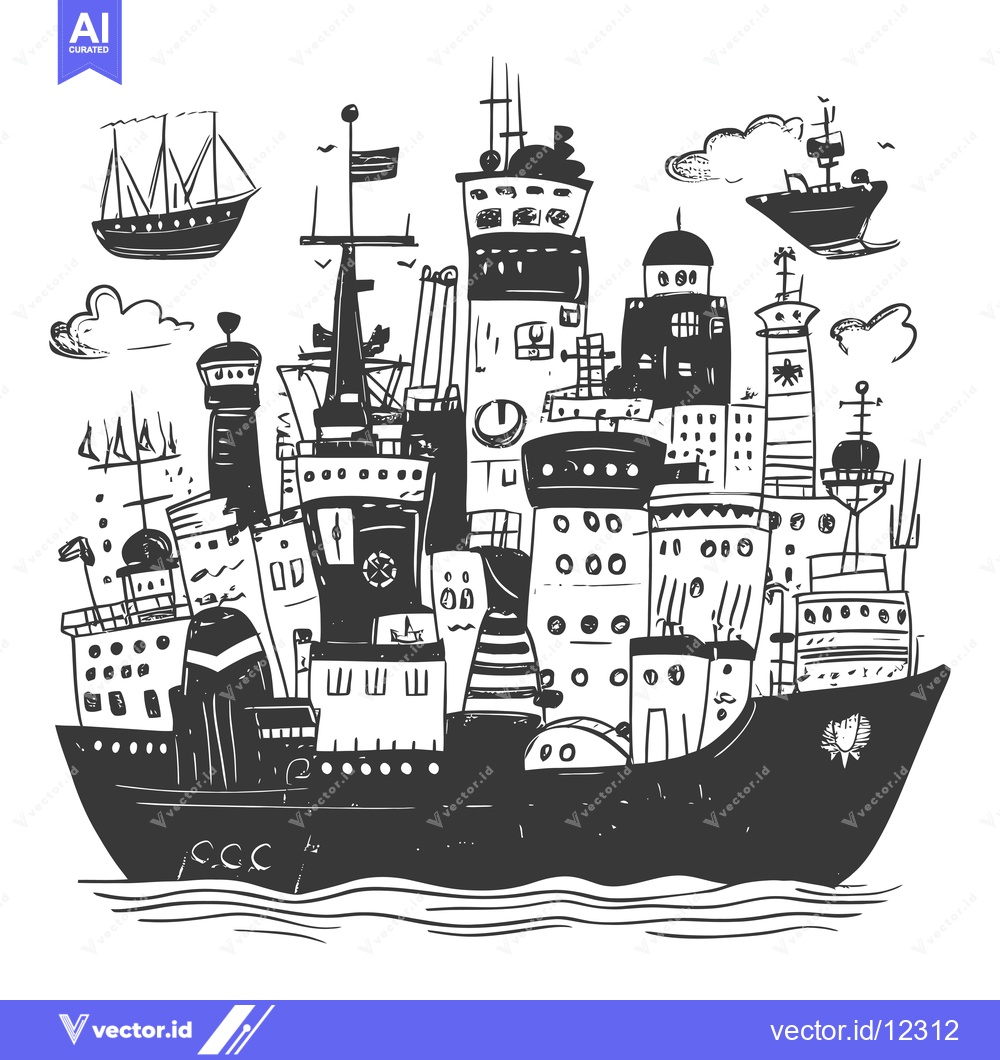 Premium Vector dari A City Built on a Ship with Multiple Towers and Sailboats in the Sky