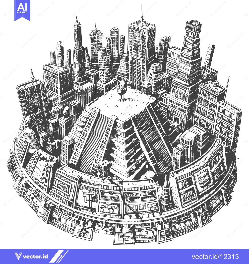 Premium Vector dari A Cityscape Surrounding a Large Pyramid with a Figure at the Apex