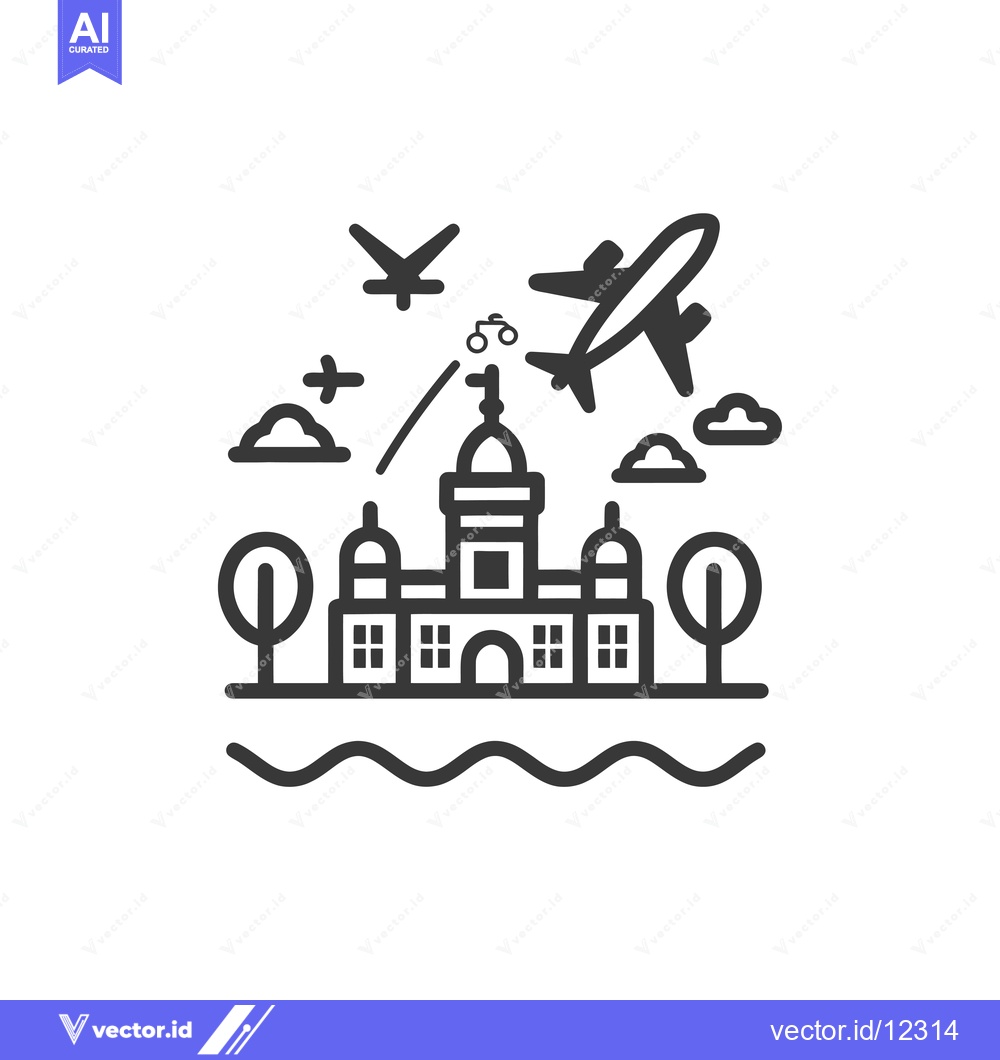 Premium Vector of A Cityscape with an Airplane Flying Over a Building