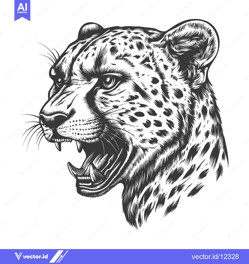 Premium Vector of A Close-Up Black and White Illustration of a Cheetah's Head with its M
