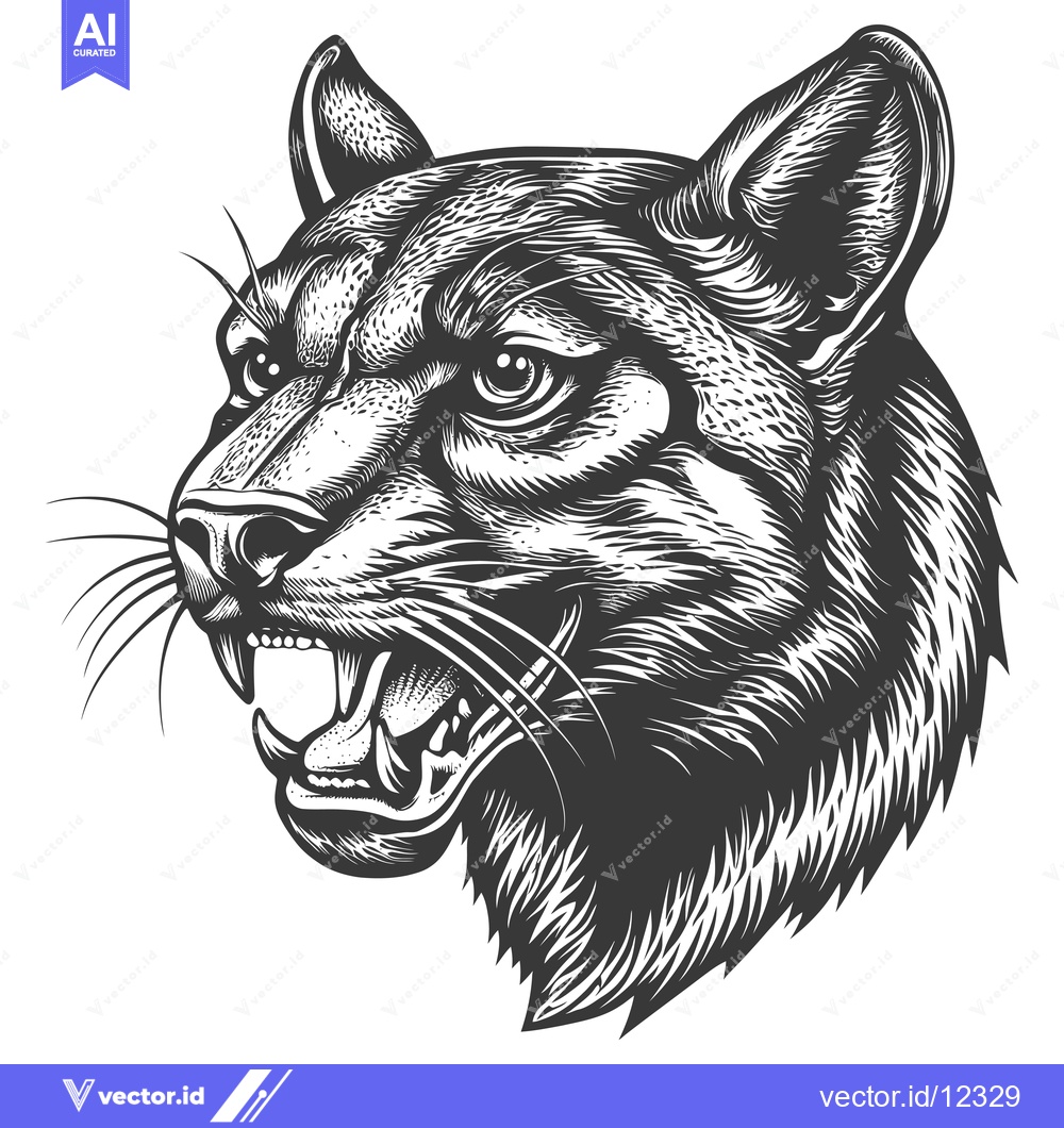 Premium Vector of A Close-Up Black and White Illustration of a Growling Cougar's Head