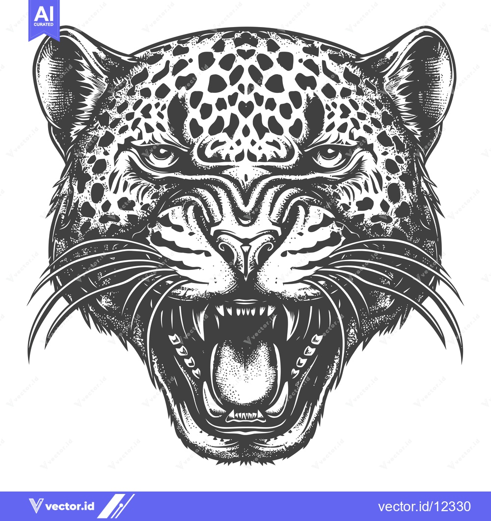 Premium Vector dari A Close-Up Black and White Illustration of a Growling Leopard Head