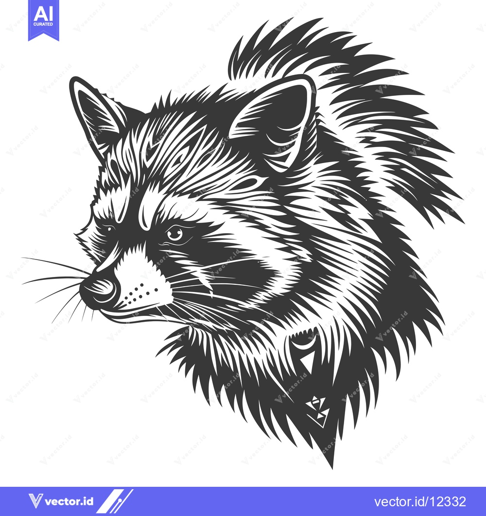 Premium Vector of A Close-Up Black and White Illustration of a Raccoon's Head