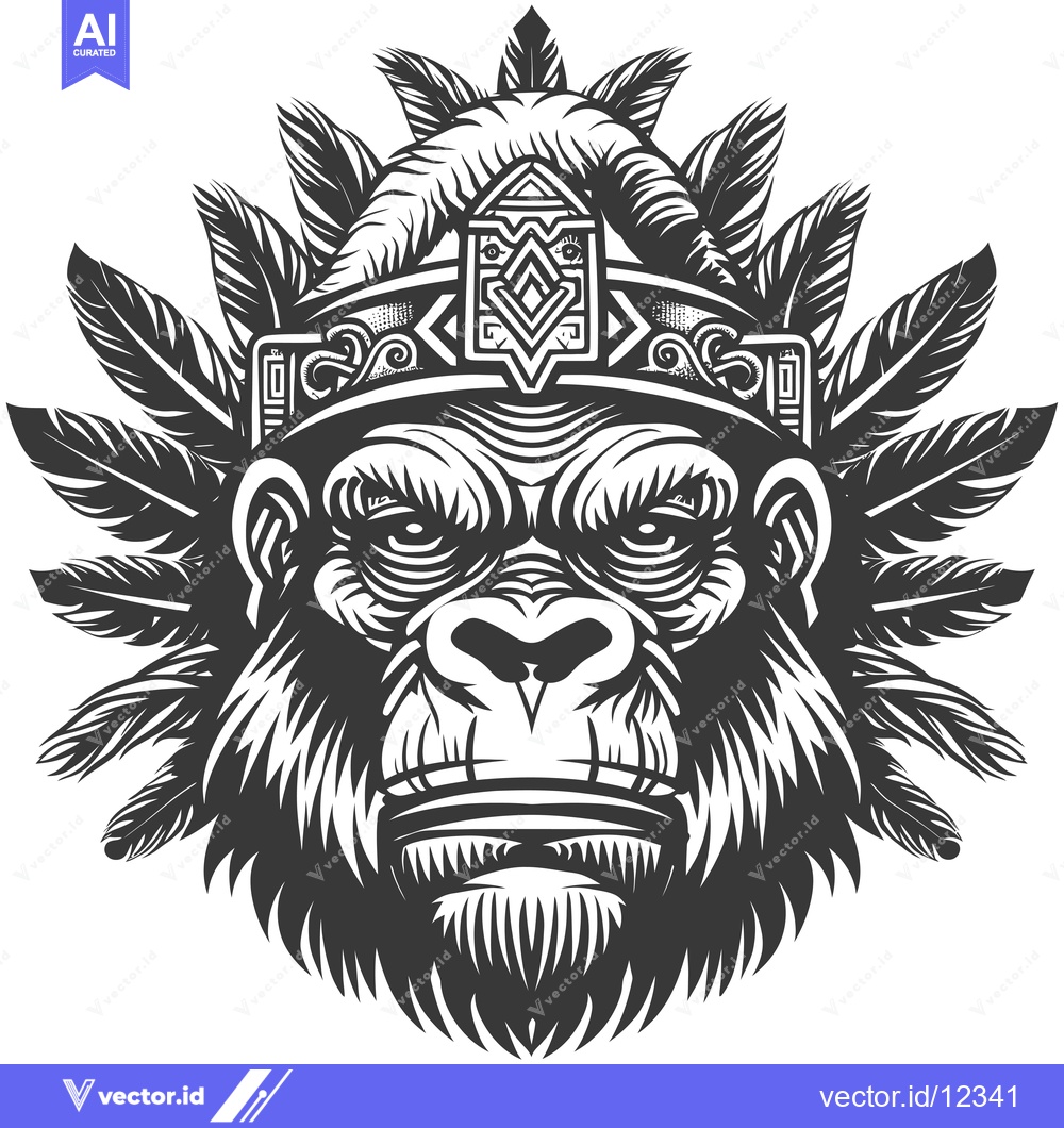 Premium Vector of A Close-Up of a Gorilla's Face Adorned with Feathers