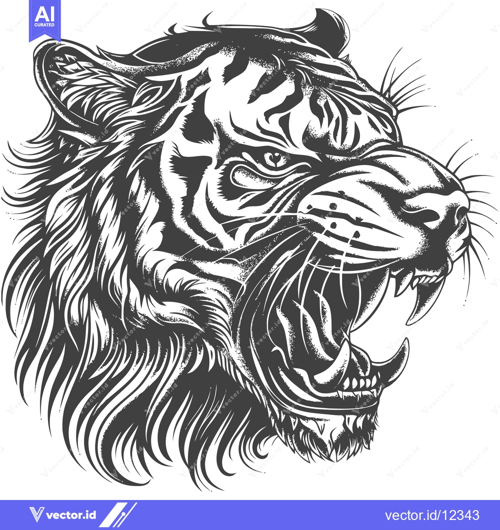 Premium Vector of A Close-up of a Roaring Tiger's Head with Detailed Fur and Sharp Teeth
